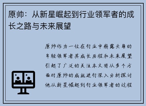 原帅：从新星崛起到行业领军者的成长之路与未来展望