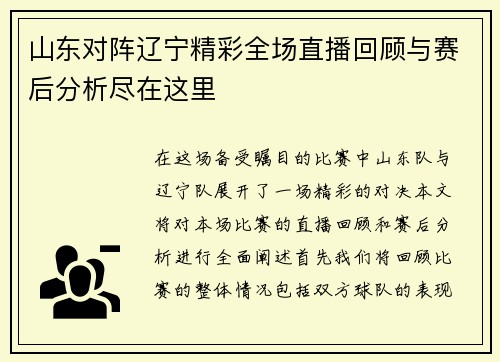 山东对阵辽宁精彩全场直播回顾与赛后分析尽在这里