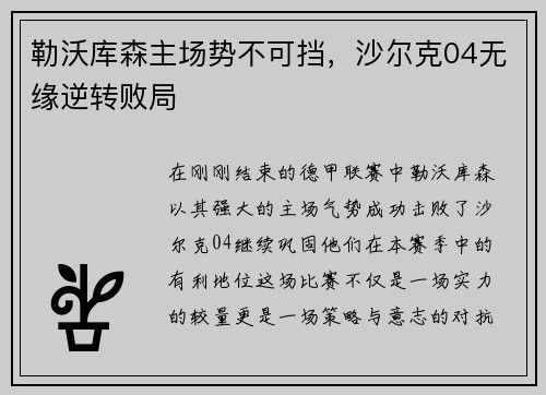 勒沃库森主场势不可挡，沙尔克04无缘逆转败局
