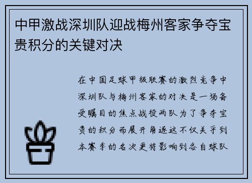 中甲激战深圳队迎战梅州客家争夺宝贵积分的关键对决