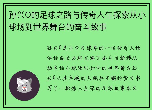 孙兴O的足球之路与传奇人生探索从小球场到世界舞台的奋斗故事