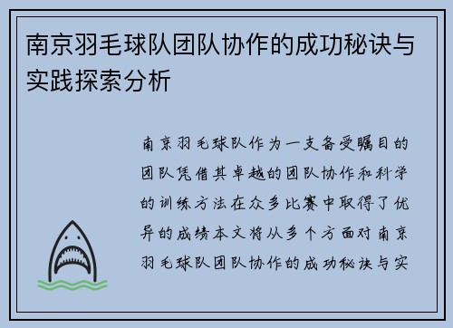 南京羽毛球队团队协作的成功秘诀与实践探索分析