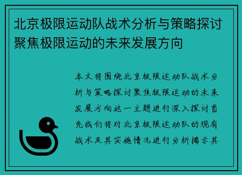 北京极限运动队战术分析与策略探讨聚焦极限运动的未来发展方向