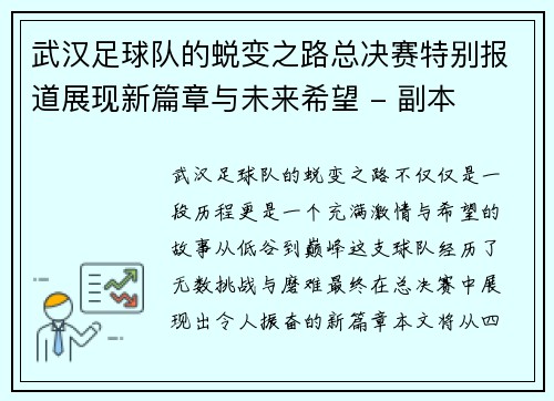 武汉足球队的蜕变之路总决赛特别报道展现新篇章与未来希望 - 副本
