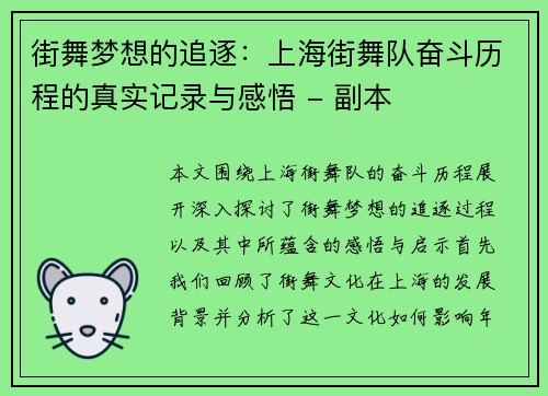 街舞梦想的追逐：上海街舞队奋斗历程的真实记录与感悟 - 副本
