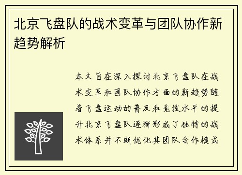 北京飞盘队的战术变革与团队协作新趋势解析