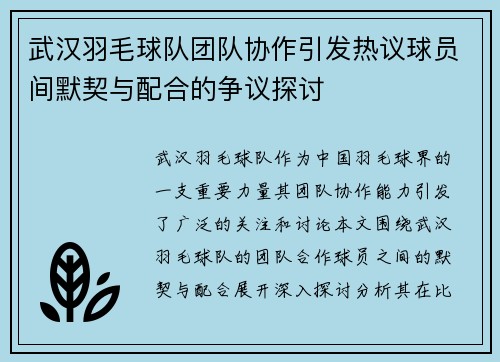 武汉羽毛球队团队协作引发热议球员间默契与配合的争议探讨